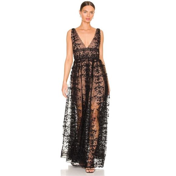 Bronx and Banco Megan Noir Maxi Dress Size Small  Floral Tulle Lace Tan Black - Picture 1 of 14